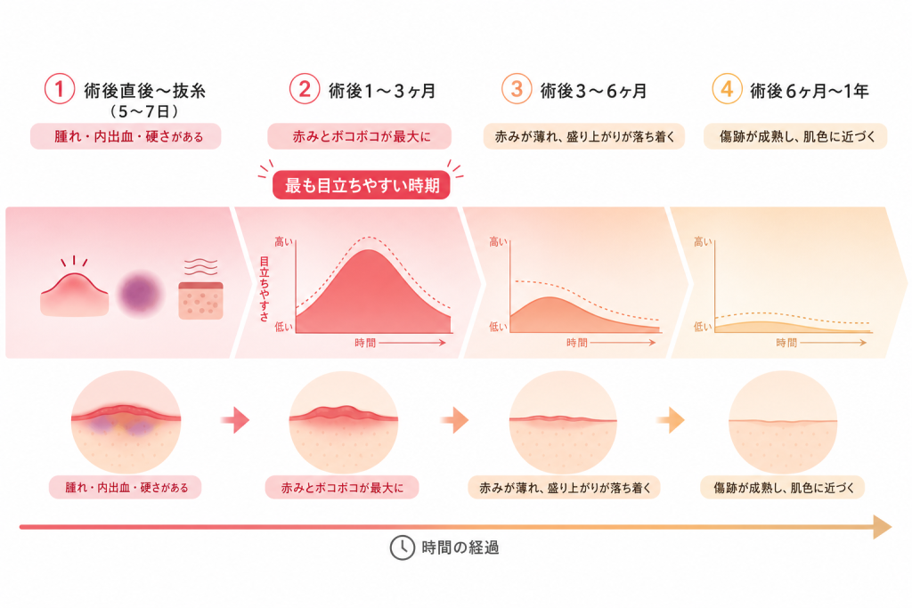 術後の傷跡はいつ消える?ボコボコ・赤みの経過を時期別に解説